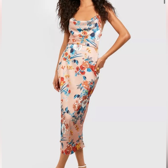 Boohoo Dresses & Skirts - Booho SATIN FLORAL COWL FLUTE HEM SLIP DRESS